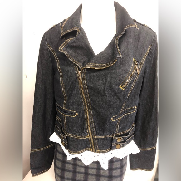BISOU BISOU DARK GRAY DENIM CROPPED JACKET FRONT ZIPPER SIPPED CUFFS SIZE LARGE - Picture 3 of 7